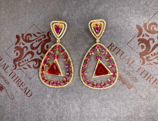Golden American Diamond With Red Stone Earrings