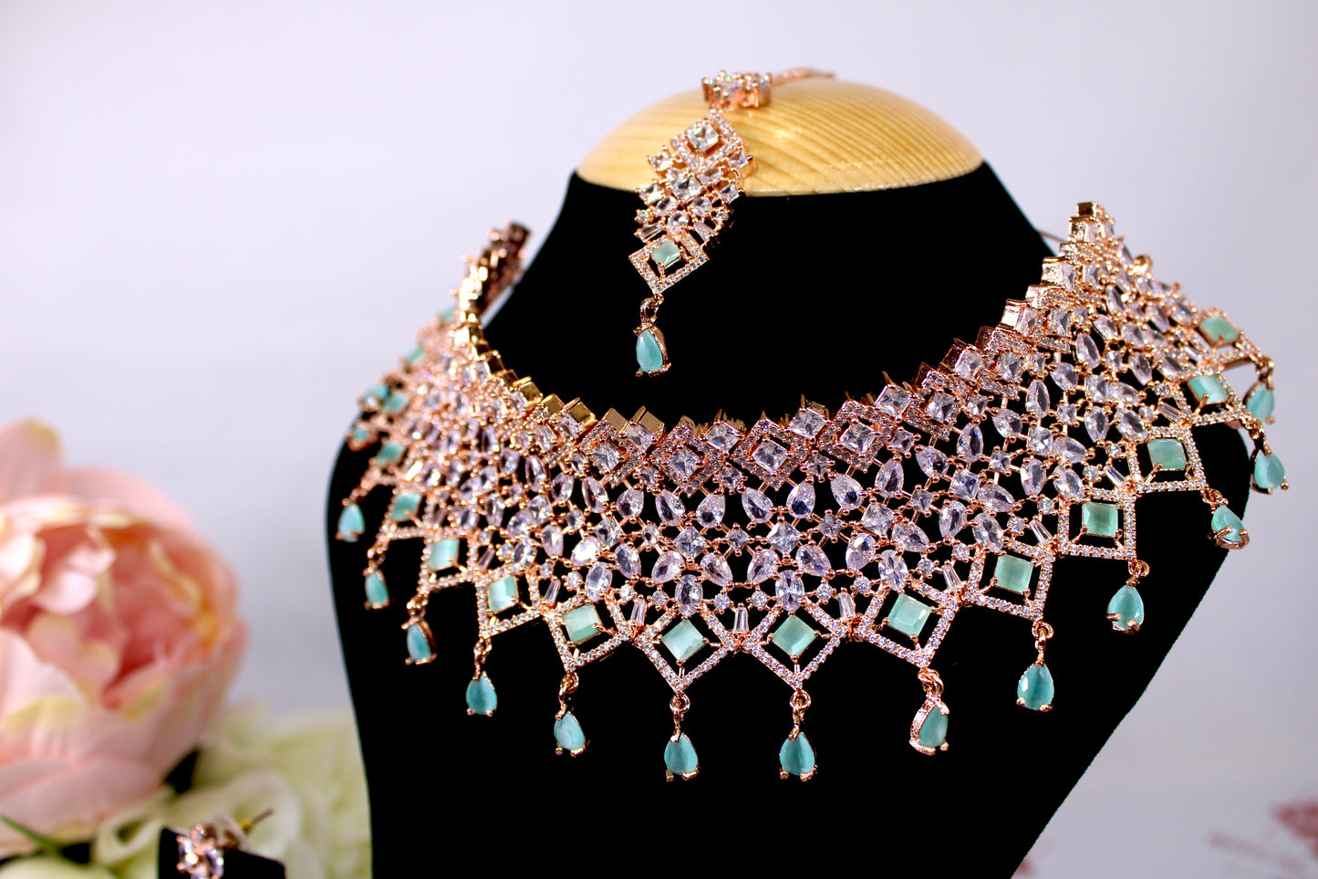 Sea Green American Diamond Necklace Set